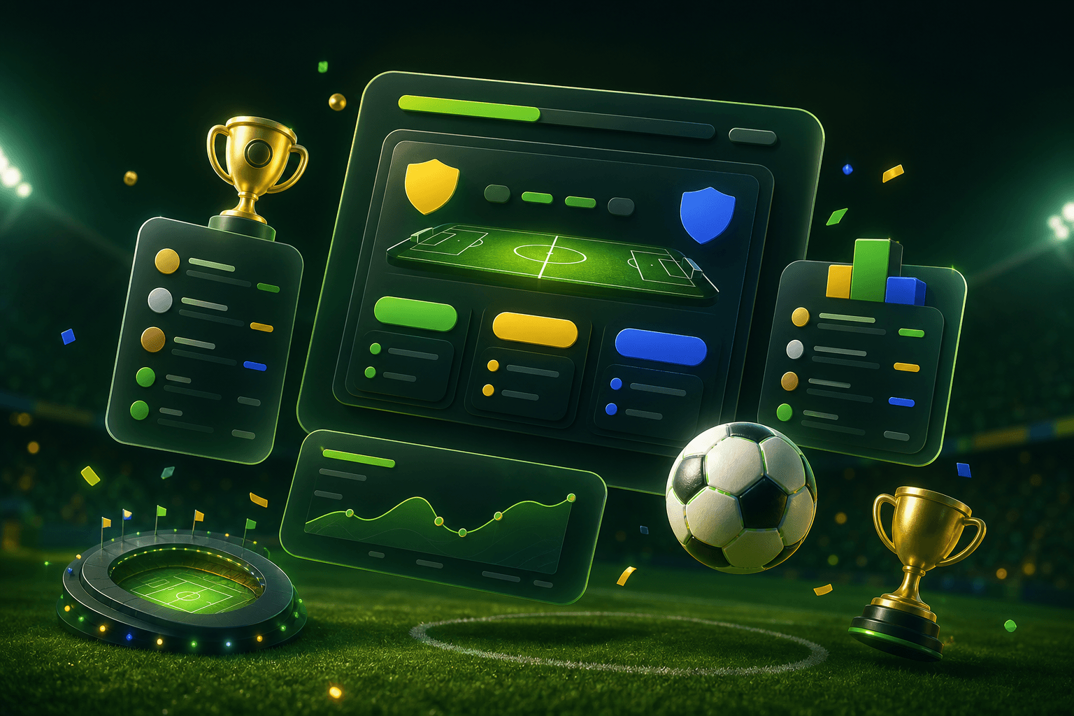 Painel de bolão de futebol com placares, troféus e campo iluminado